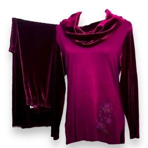 Dark Red Velvet Cowl Neck Top Embroidered Sequin Cowboy BootTop Pants Outfit Set